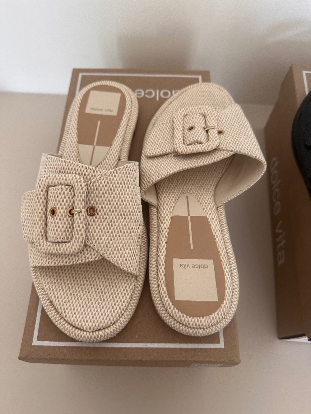 Dolce Vita Slide Sandals Womens Beige Tn Woven Raffia Buckle Strap Flat